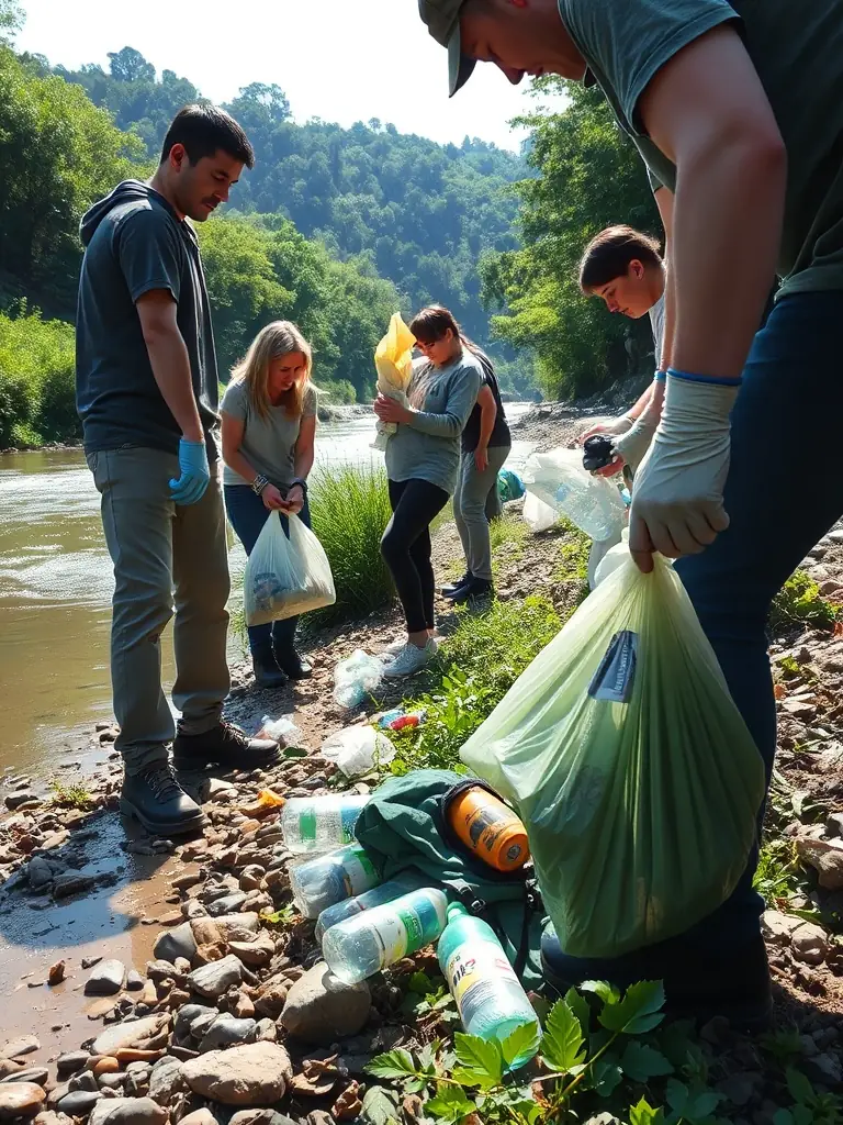 A photograph illustrating members of the ASSOCIATION COMMUNALE DES CHASSEURS DE SAINT-CLET cleaning up a local riverbank, collecting trash and debris, with the river and surrounding vegetation in the background.