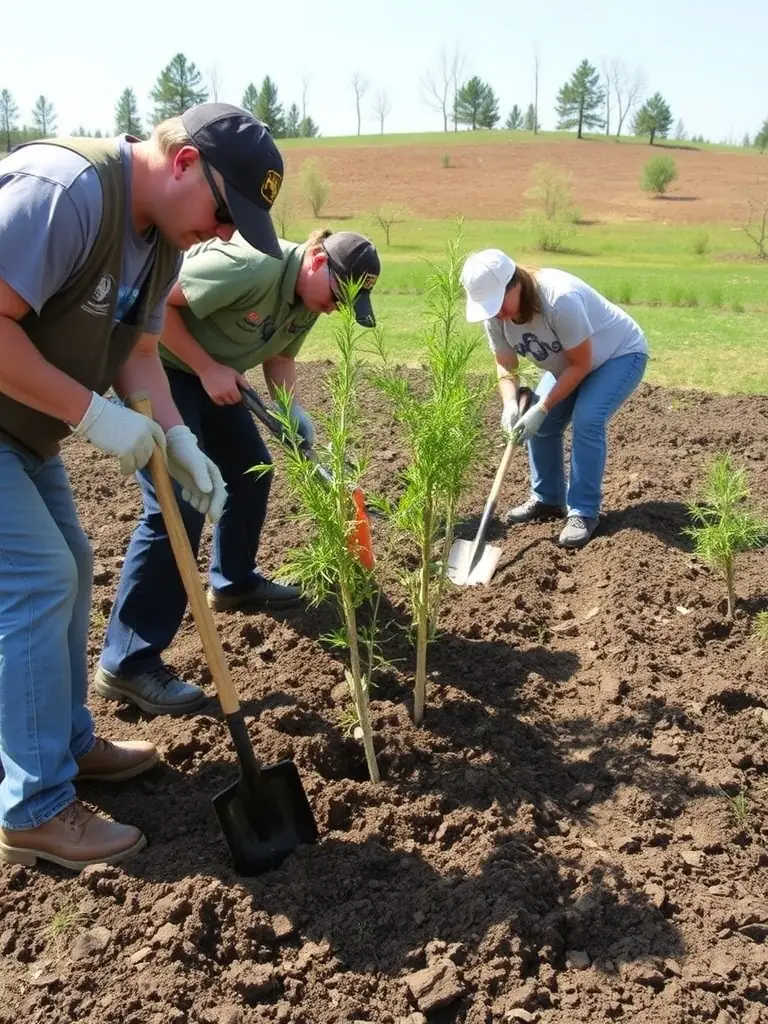 A photograph showing volunteers from the ASSOCIATION COMMUNALE DES CHASSEURS DE SAINT-CLET planting trees as part of a reforestation project, with saplings and shovels visible, in a deforested area.