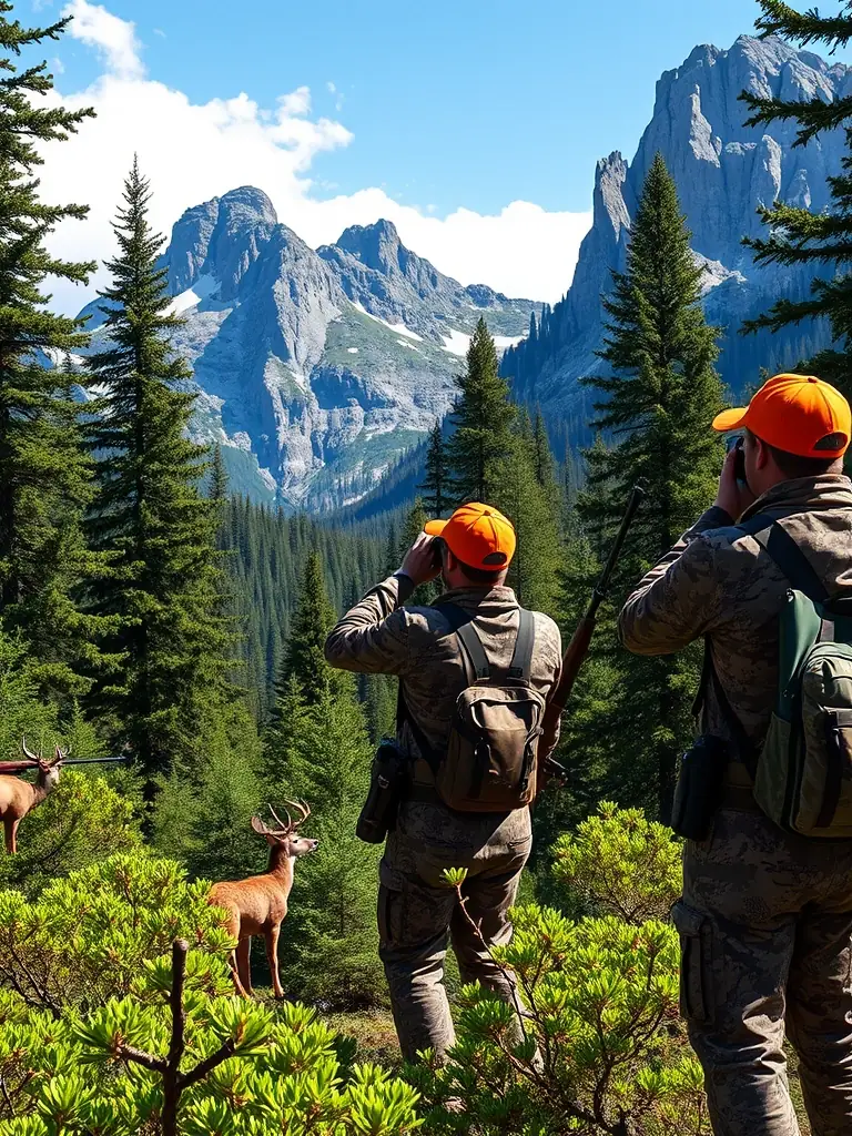 Hunters participating in a training session on responsible hunting practices, learning about wildlife identification, ethical hunting techniques, and safety protocols. The setting is a rural outdoor environment.