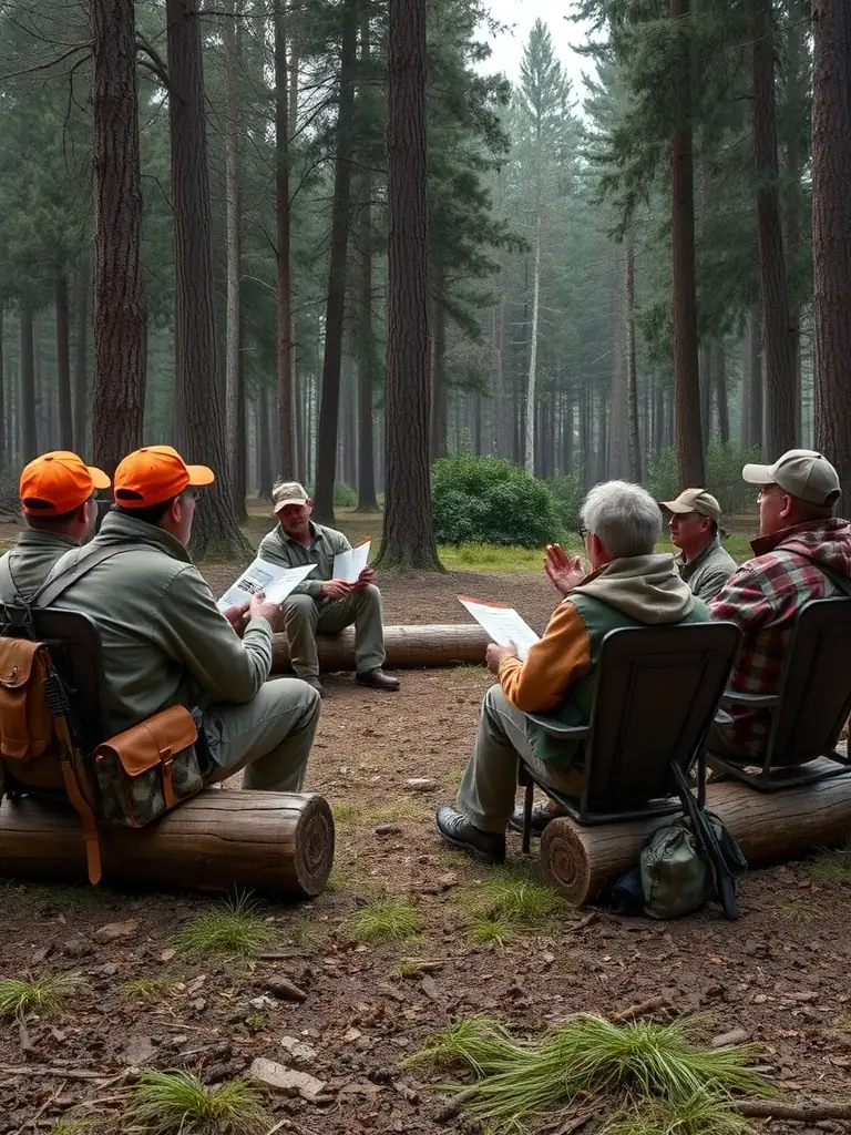 A photograph capturing a hunter education workshop organized by the ASSOCIATION COMMUNALE DES CHASSEURS DE SAINT-CLET, with participants learning about safe hunting practices and wildlife conservation.