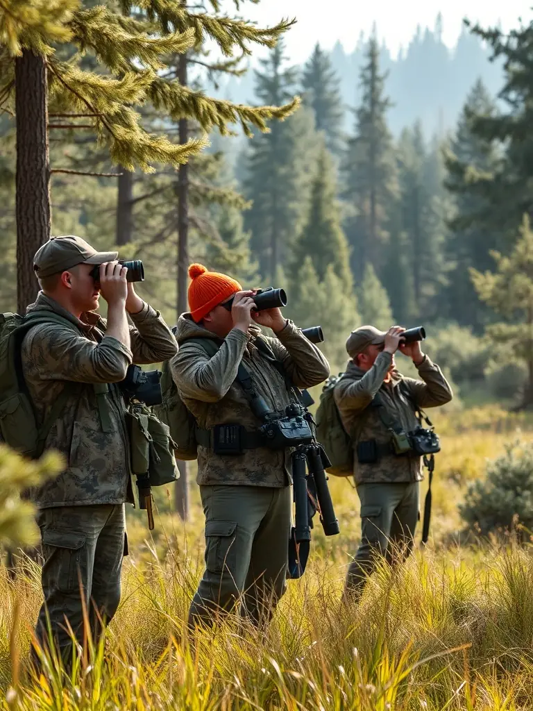 A photograph depicting members of the ASSOCIATION COMMUNALE DES CHASSEURS DE SAINT-CLET participating in a wildlife census, using binoculars and recording data in a field notebook, set against a backdrop of a lush forest.