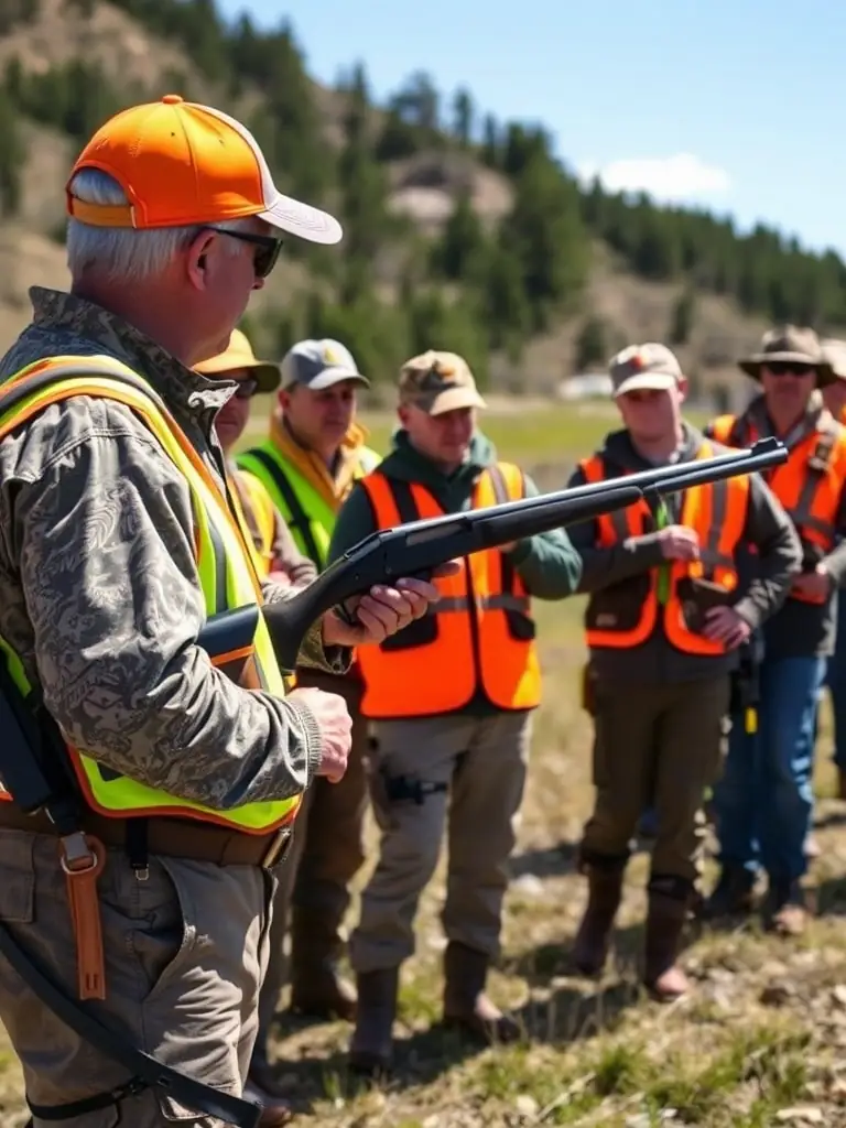 A photograph capturing a group of hunters from the ASSOCIATION COMMUNALE DES CHASSEURS DE SAINT-CLET attending a workshop on ethical hunting practices, with an instructor demonstrating proper techniques.