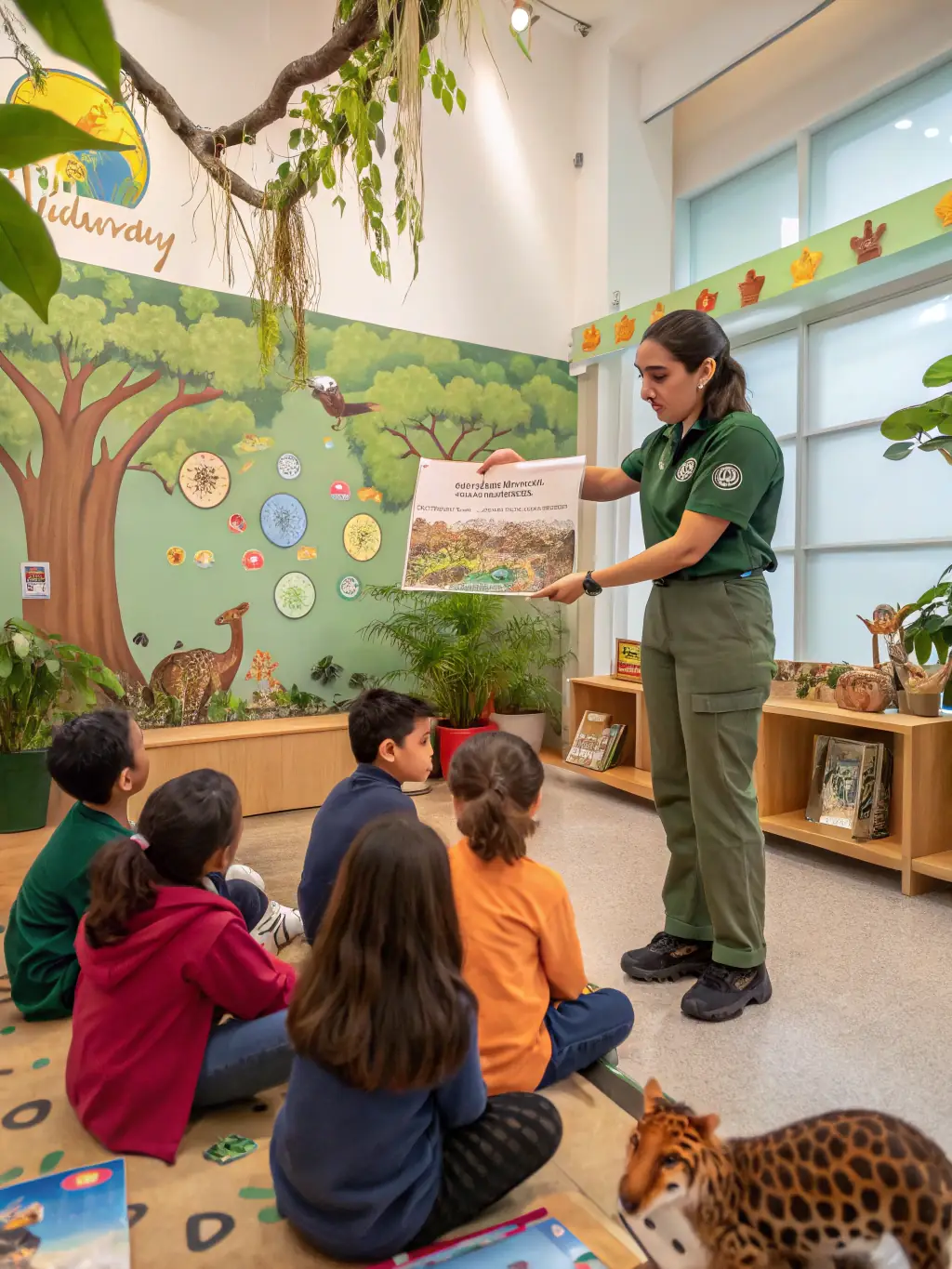A group of children participating in an educational workshop on wildlife conservation, learning about local species, their habitats, and the importance of protecting the environment. The setting is a classroom or nature center.