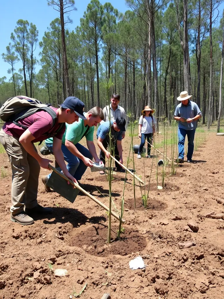 A photograph showing volunteers from the ASSOCIATION COMMUNALE DES CHASSEURS DE SAINT-CLET planting trees as part of a reforestation project, with saplings and shovels visible.