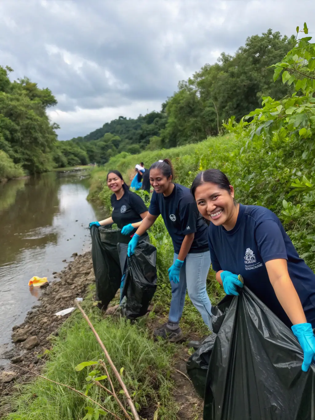 A photograph illustrating members of the ASSOCIATION COMMUNALE DES CHASSEURS DE SAINT-CLET cleaning up litter and debris from a local riverbank, showcasing their commitment to environmental stewardship.