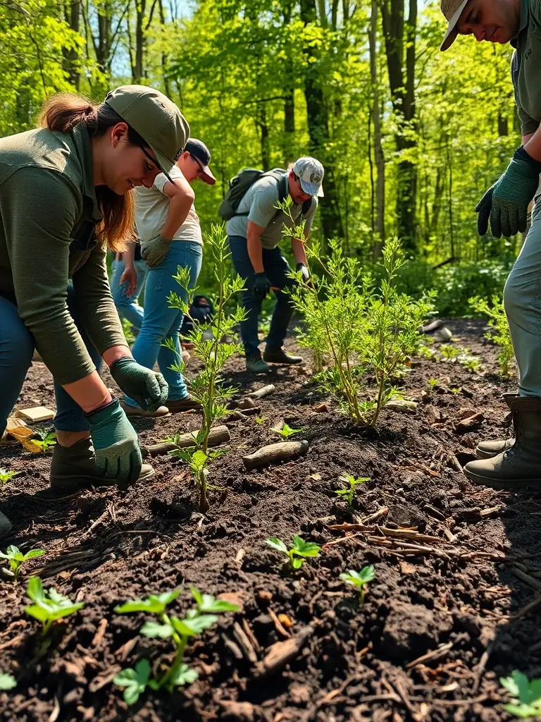 A group of volunteers participating in a habitat restoration project, planting native trees and shrubs in a deforested area. The scene is bright and sunny, showcasing the positive impact of their efforts on the environment.