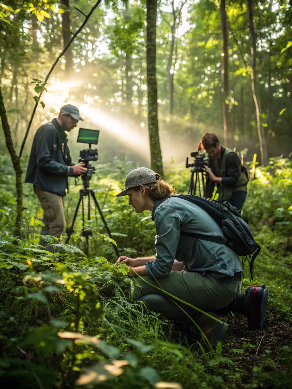 A photograph depicting members of the ASSOCIATION COMMUNALE DES CHASSEURS DE SAINT-CLET participating in a wildlife census, using binoculars and recording data in a field notebook, set against a backdrop of a lush forest.