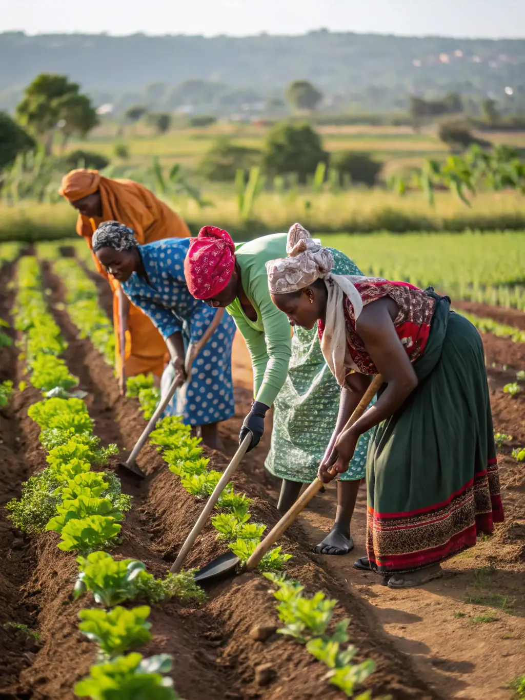 Members of the association working together to install protective fencing around crops to prevent damage from wildlife, demonstrating their commitment to protecting local agriculture. The setting is a rural farm field.